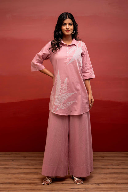 Juniper Onion Pink Solid Cotton Shirt And Pants Co-Ord Set With Thread Work - Distacart