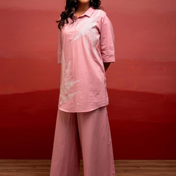 Juniper Onion Pink Solid Cotton Shirt And Pants Co-Ord Set With Thread Work