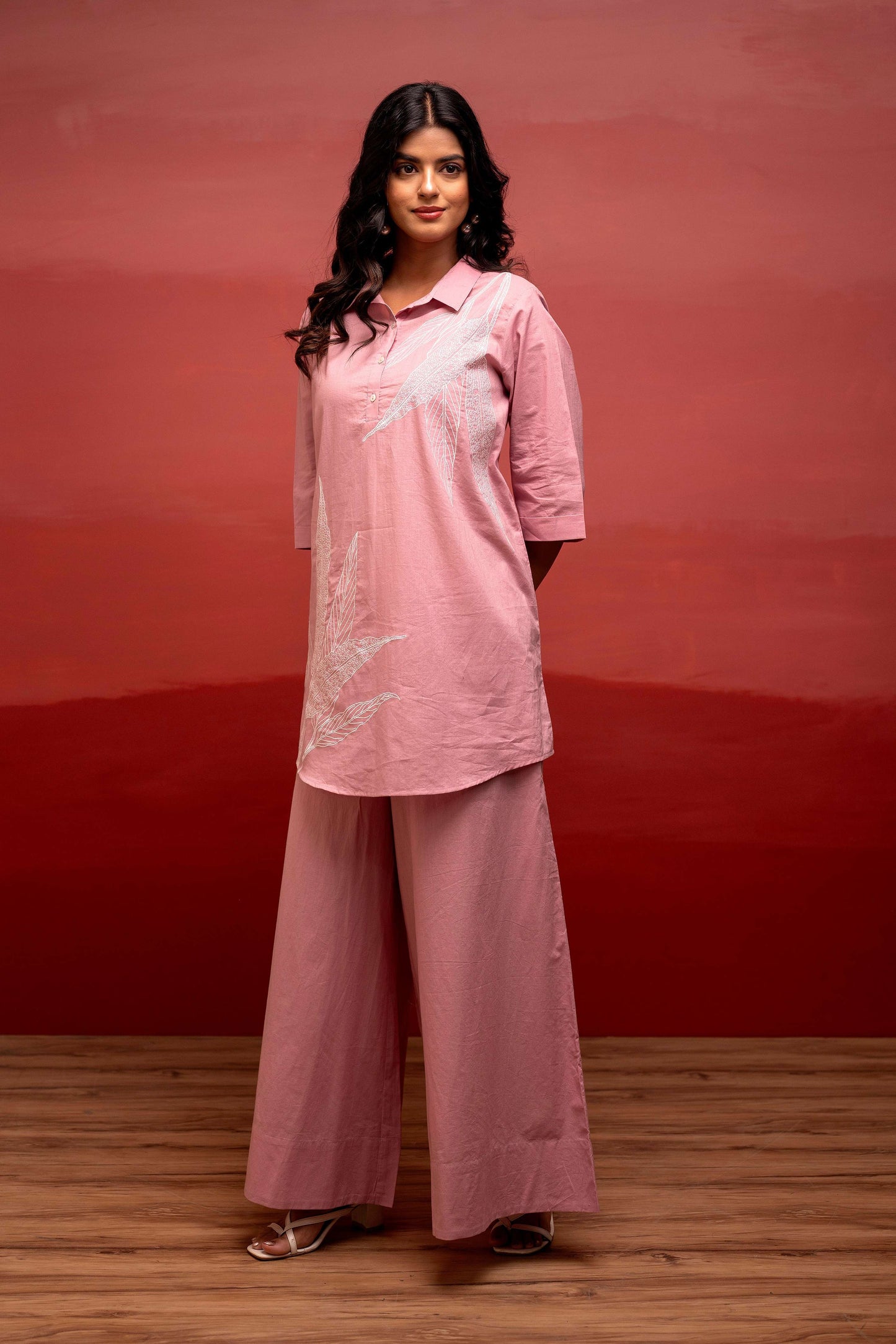 Juniper Onion Pink Solid Cotton Shirt And Pants Co-Ord Set With Thread Work - Distacart