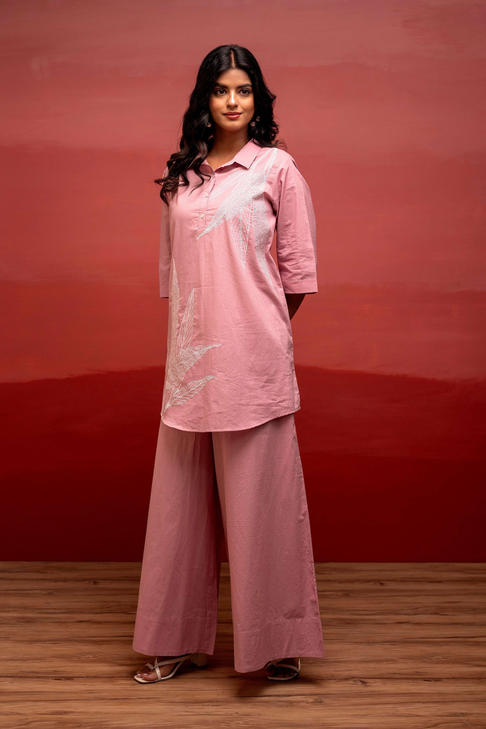 Juniper Onion Pink Solid Cotton Shirt And Pants Co-Ord Set With Thread Work - Distacart