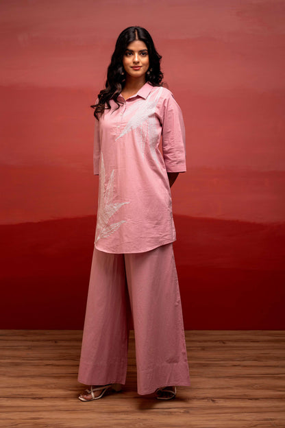 Juniper Onion Pink Solid Cotton Shirt And Pants Co-Ord Set With Thread Work - Distacart