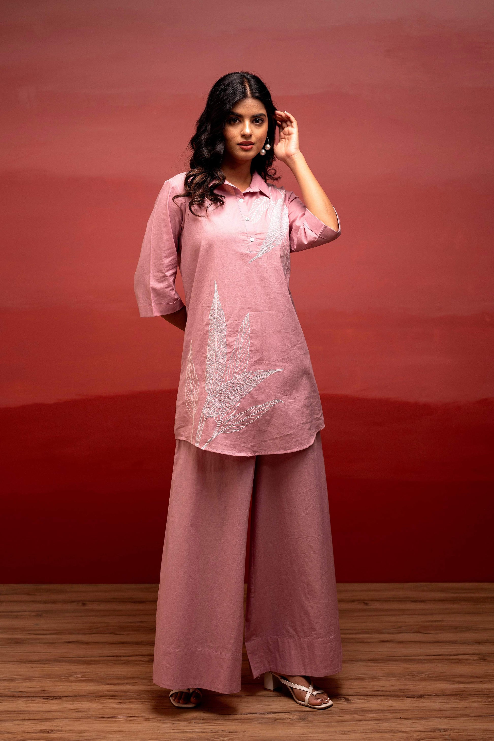 Juniper Onion Pink Solid Cotton Shirt And Pants Co-Ord Set With Thread Work - Distacart
