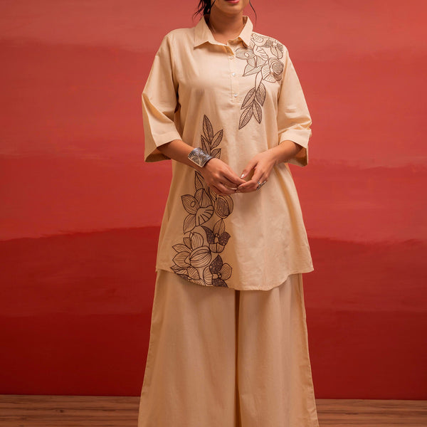 Juniper Beige Solid Cotton Shirt And Pants Co-Ord Set With Thread Work
