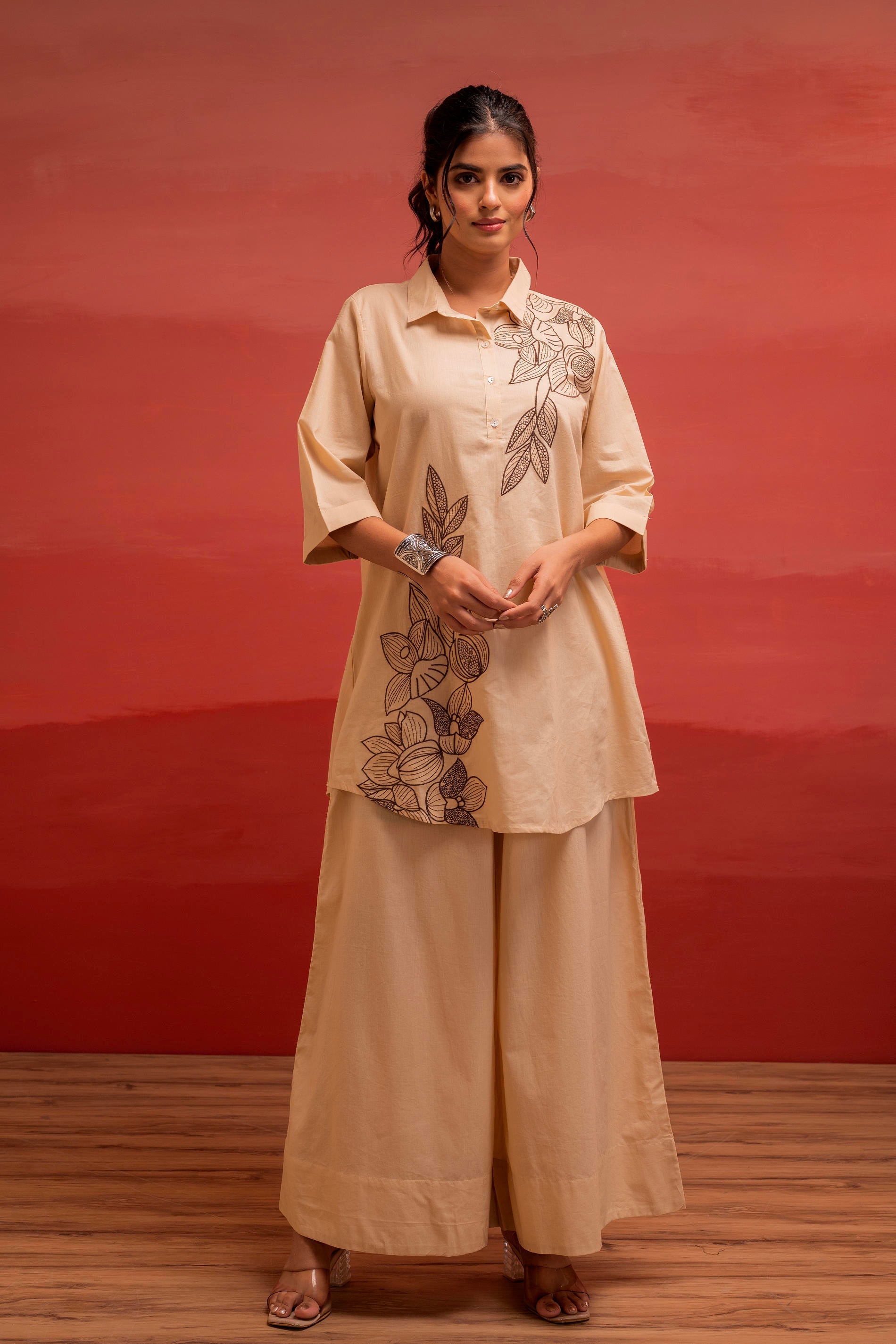 Juniper Beige Solid Cotton Shirt And Pants Co-Ord Set With Thread Work - Distacart