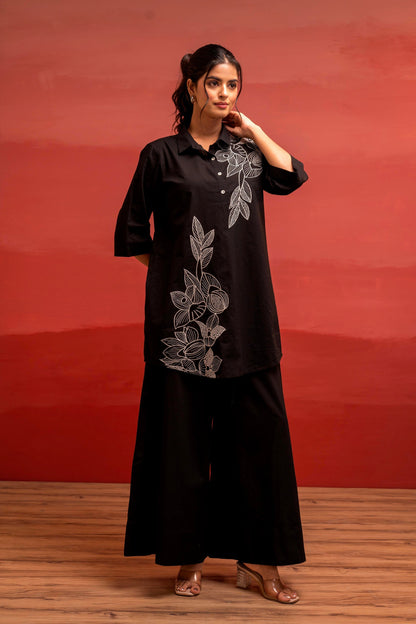 Juniper Black Solid Cotton Shirt And Pants Co-Ord Set With Thread Work - Distacart