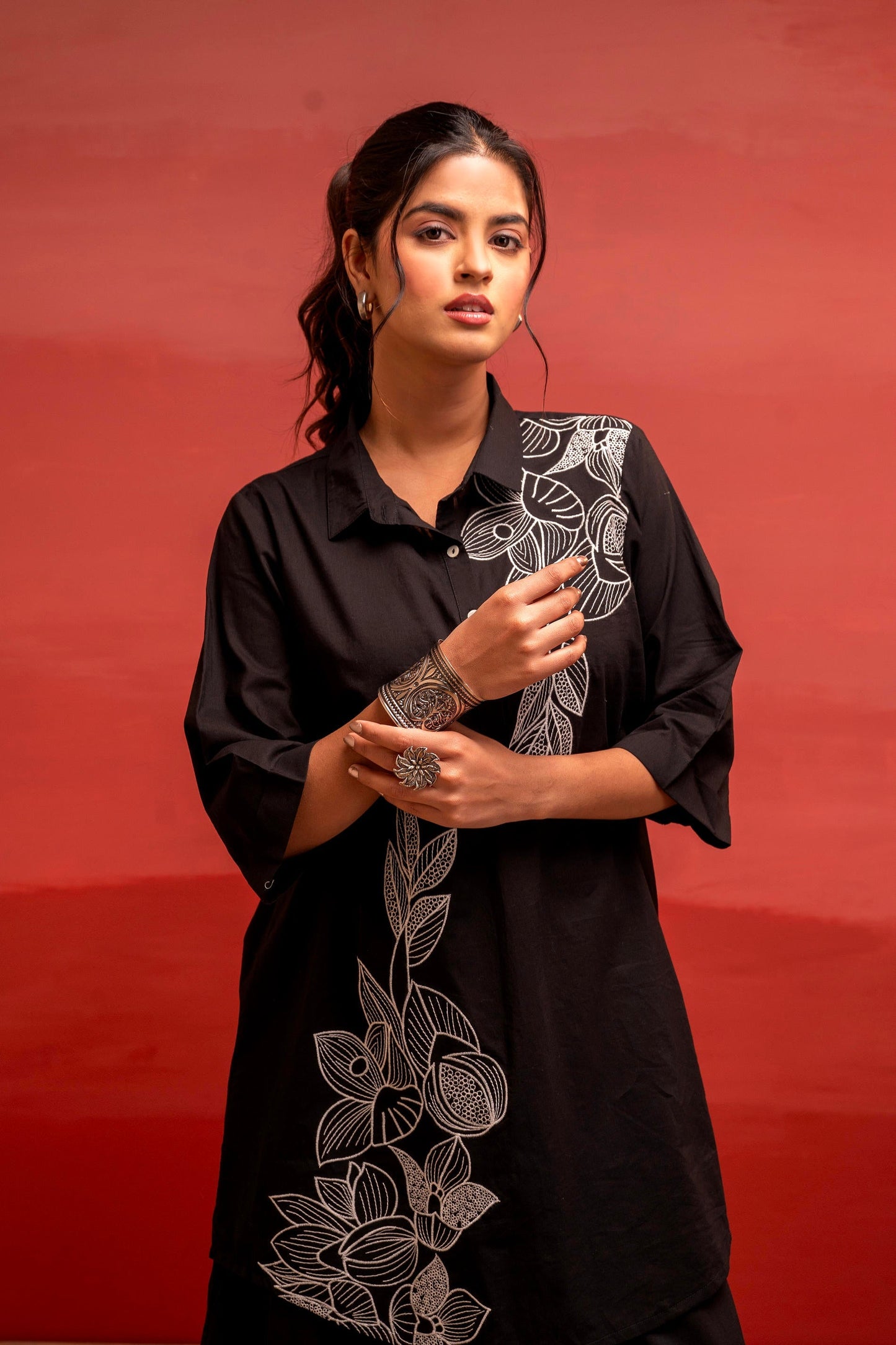Juniper Black Solid Cotton Shirt And Pants Co-Ord Set With Thread Work - Distacart