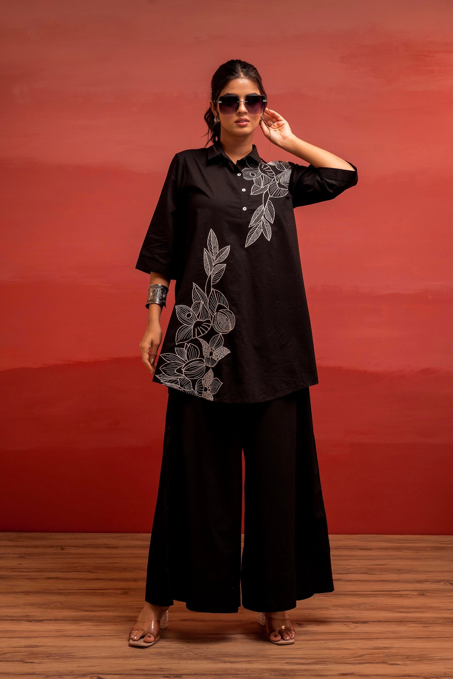 Juniper Black Solid Cotton Shirt And Pants Co-Ord Set With Thread Work - Distacart