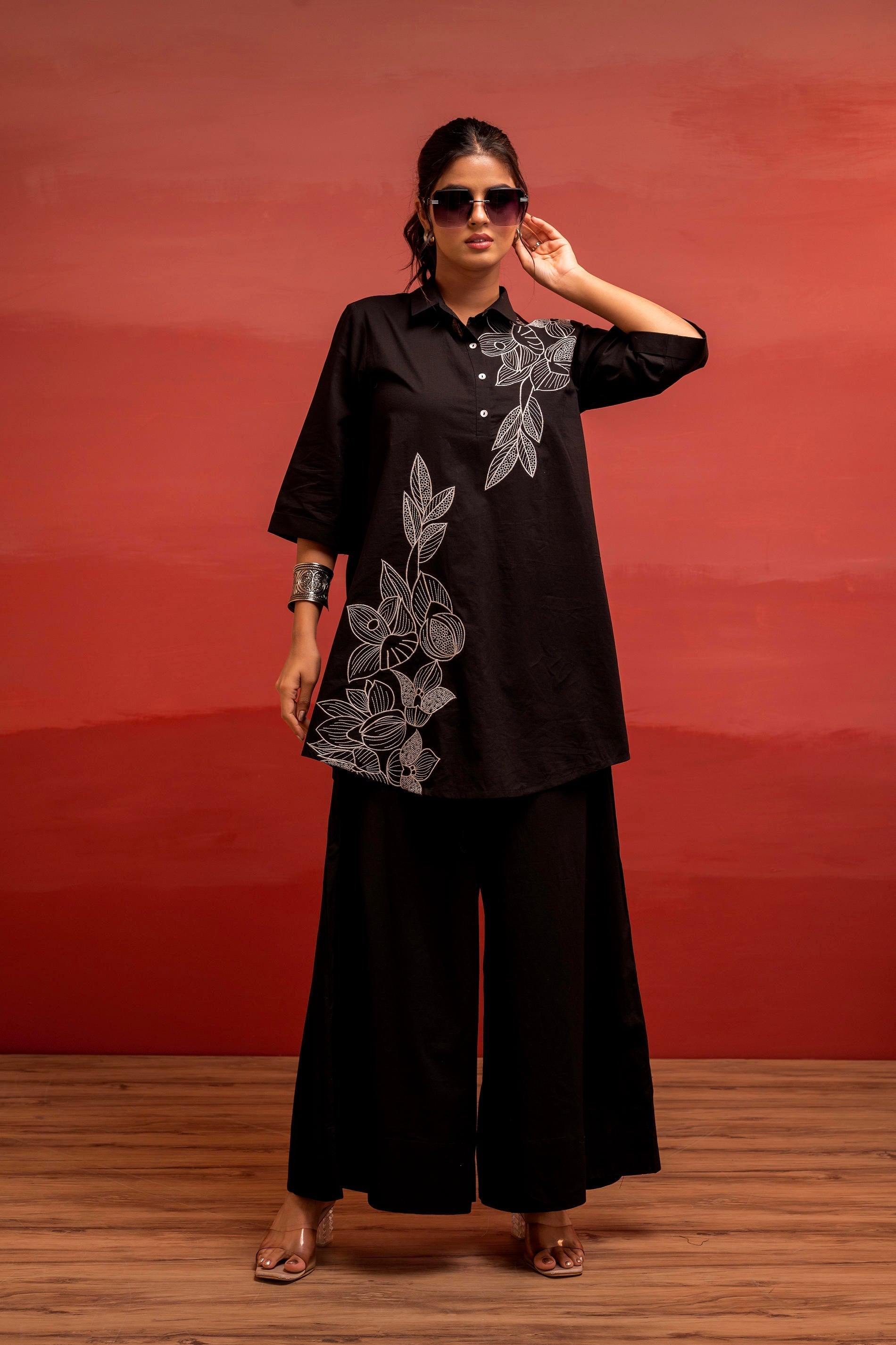 Juniper Black Solid Cotton Shirt And Pants Co-Ord Set With Thread Work - Distacart