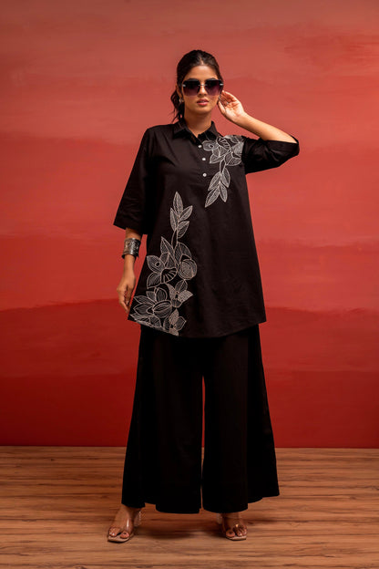 Juniper Black Solid Cotton Shirt And Pants Co-Ord Set With Thread Work - Distacart