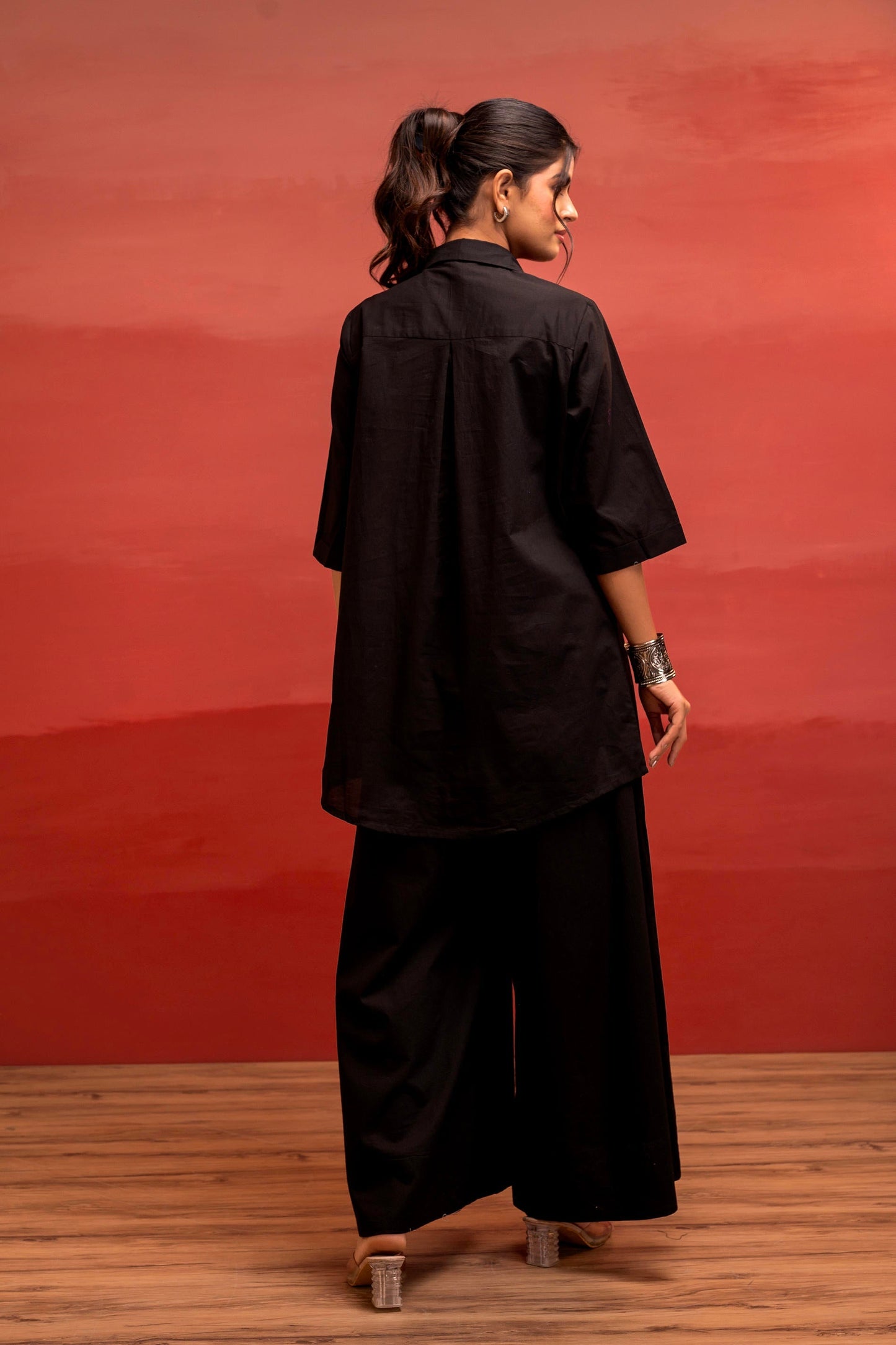Juniper Black Solid Cotton Shirt And Pants Co-Ord Set With Thread Work - Distacart
