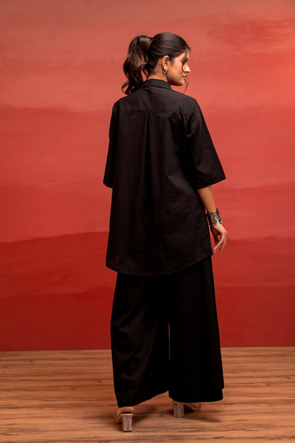 Juniper Black Solid Cotton Shirt And Pants Co-Ord Set With Thread Work - Distacart