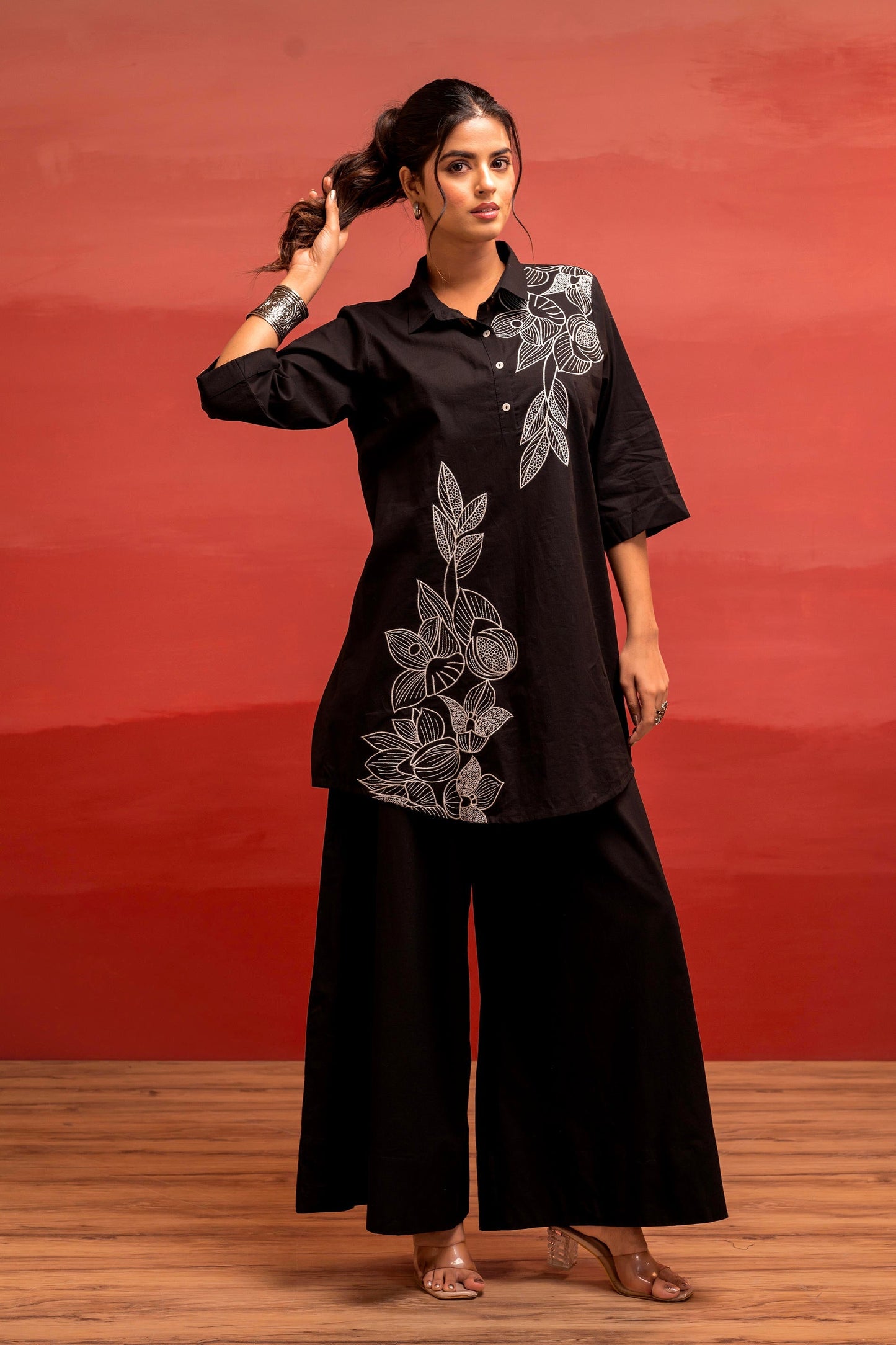 Juniper Black Solid Cotton Shirt And Pants Co-Ord Set With Thread Work - Distacart