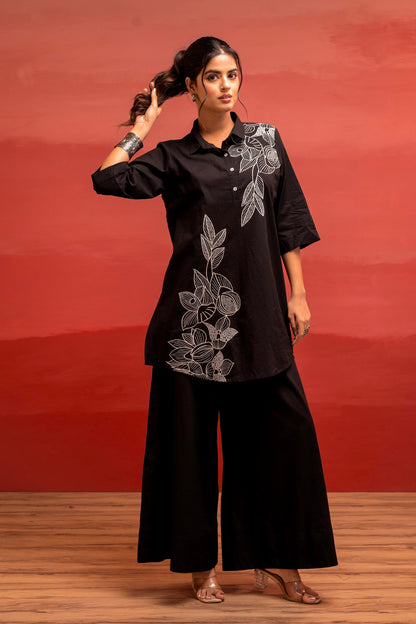 Juniper Black Solid Cotton Shirt And Pants Co-Ord Set With Thread Work - Distacart