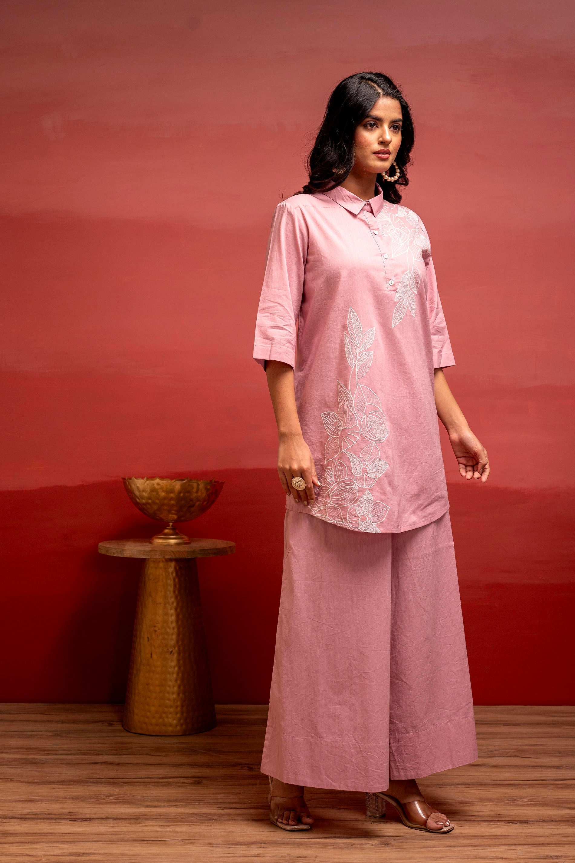 Juniper Onionpink Solid Cotton Shirt And Pants Co-Ord Set With Thread Work - Distacart