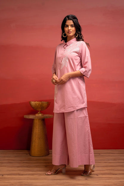 Juniper Onionpink Solid Cotton Shirt And Pants Co-Ord Set With Thread Work - Distacart