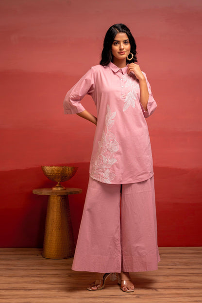 Juniper Onionpink Solid Cotton Shirt And Pants Co-Ord Set With Thread Work - Distacart