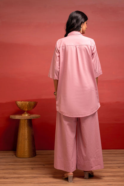 Juniper Onionpink Solid Cotton Shirt And Pants Co-Ord Set With Thread Work - Distacart