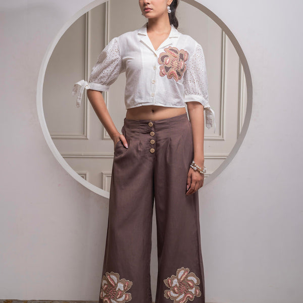 Juniper White & Brown Cotton-Viscose Embroidered Co-Ord Set With Thread Work & Lace