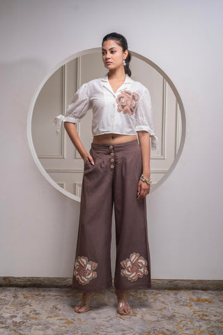 Juniper White & Brown Cotton-Viscose Embroidered Co-Ord Set With Thread Work & Lace