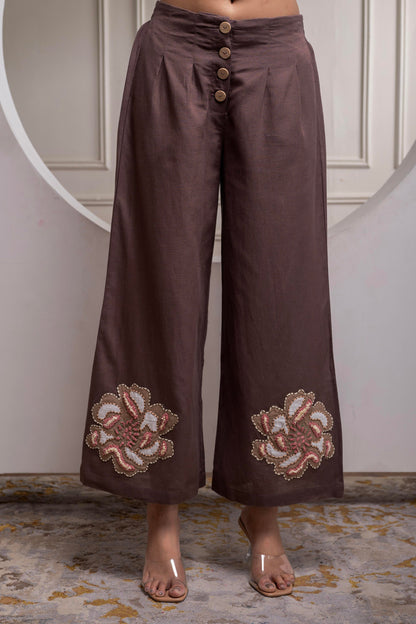 Juniper White & Brown Cotton-Viscose Embroidered Co-Ord Set With Thread Work & Lace - Distacart