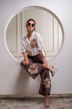 Thumbnail for Juniper White & Brown Cotton-Viscose Embroidered Co-Ord Set With Thread Work & Lace