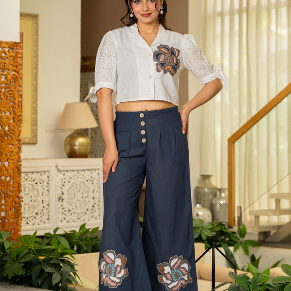 Juniper White & Teal Cotton-Viscose Embroidered Co-Ord Set With Thread Work & Lace