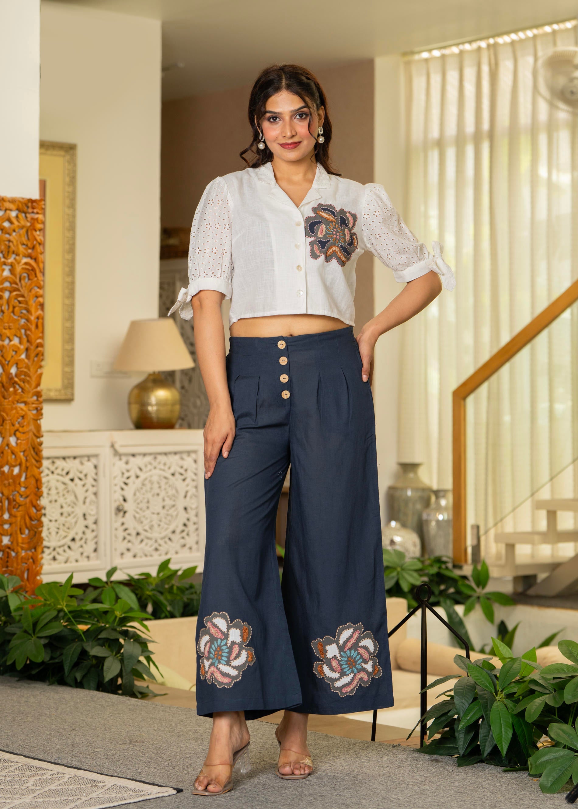 Juniper White & Teal Cotton-Viscose Embroidered Co-Ord Set With Thread Work & Lace - Distacart