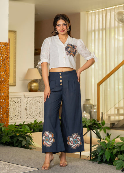 Juniper White & Teal Cotton-Viscose Embroidered Co-Ord Set With Thread Work & Lace