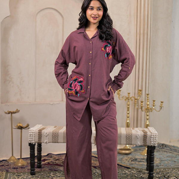 Juniper Viscose Linen Mauve Embroidered Top And Pant Co-Ord Set With Thread Work