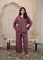 Thumbnail for Juniper Viscose Linen Mauve Embroidered Top And Pant Co-Ord Set With Thread Work