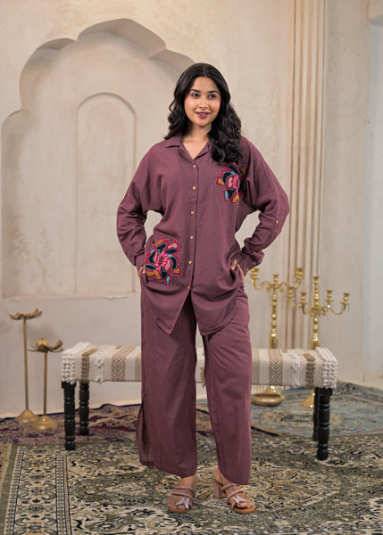 Juniper Viscose Linen Mauve Embroidered Top And Pant Co-Ord Set With Thread Work