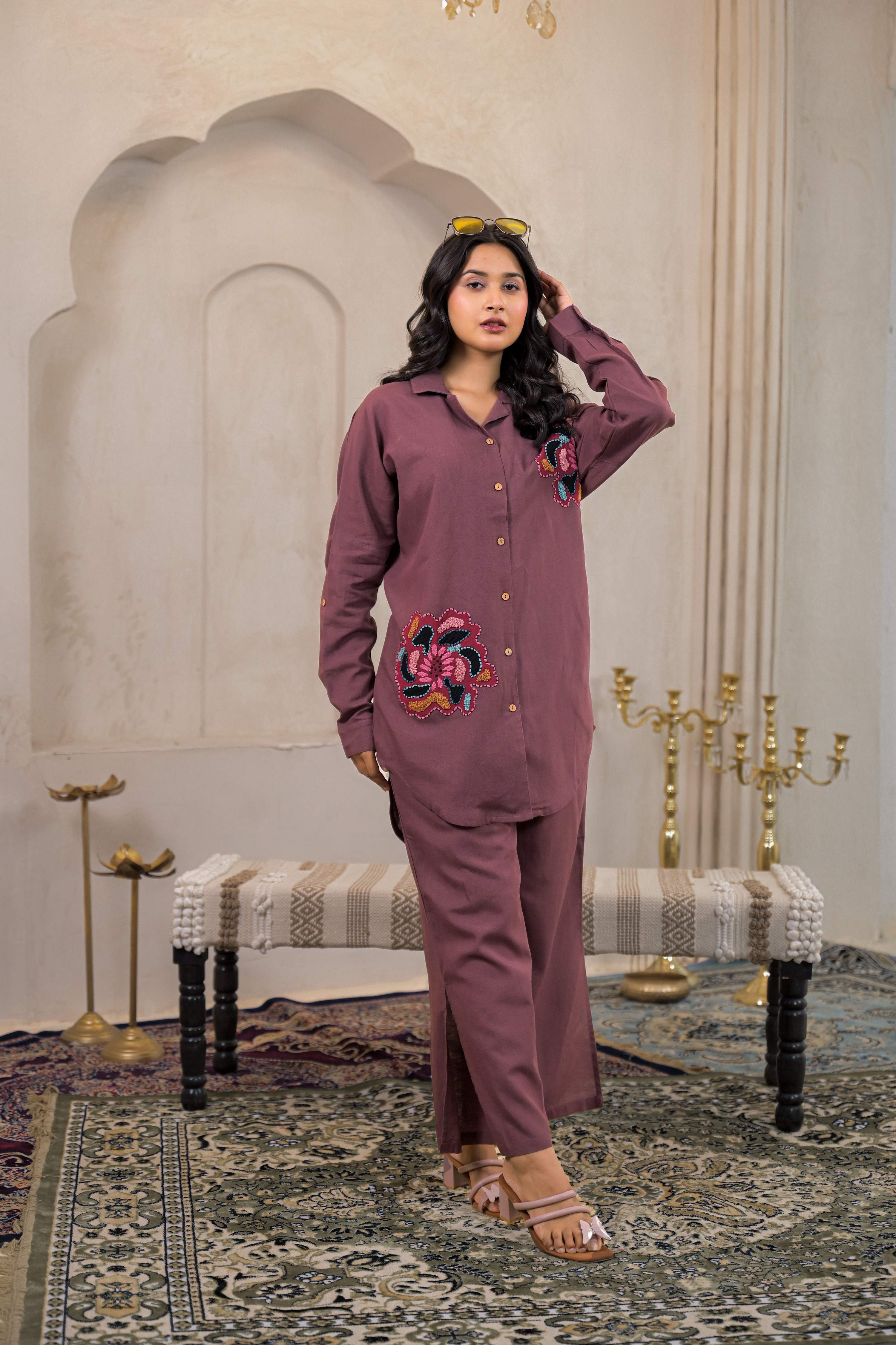 Juniper Viscose Linen Mauve Embroidered Top And Pant Co-Ord Set With Thread Work