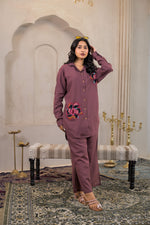 Thumbnail for Juniper Viscose Linen Mauve Embroidered Top And Pant Co-Ord Set With Thread Work