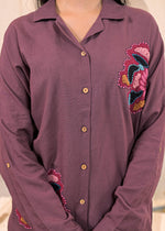 Thumbnail for Juniper Viscose Linen Mauve Embroidered Top And Pant Co-Ord Set With Thread Work