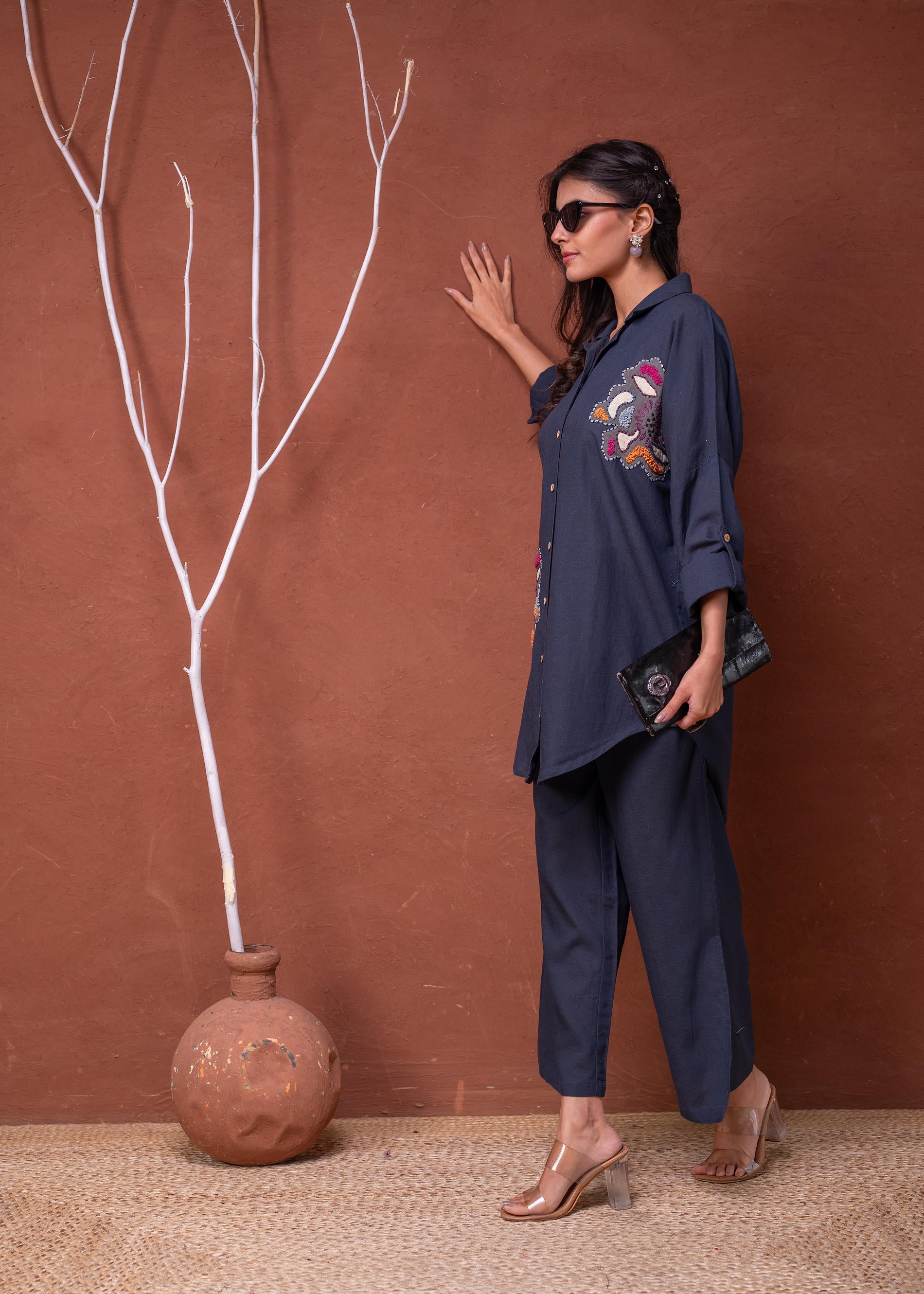 Juniper Viscose Linen Teal Embroidered Top And Pant Co-Ord Set With Thread Work