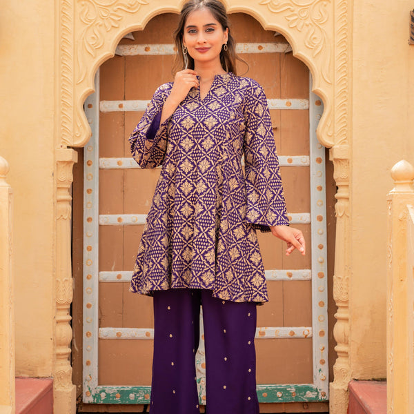 Juniper Purple Gold Geometric Printed Kurta With Pants