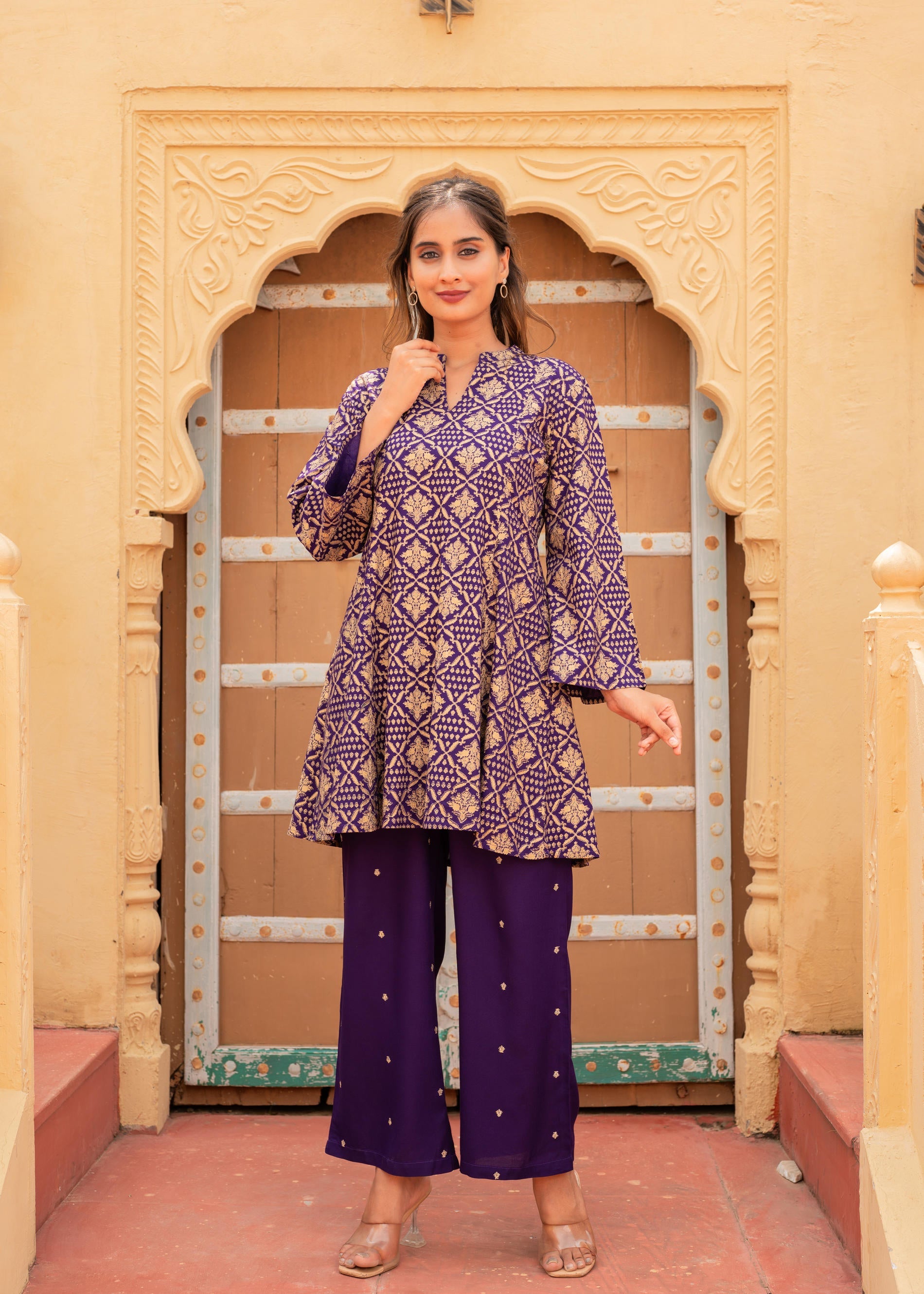 Juniper Purple Gold Geometric Printed Kurta With Pants - Distacart
