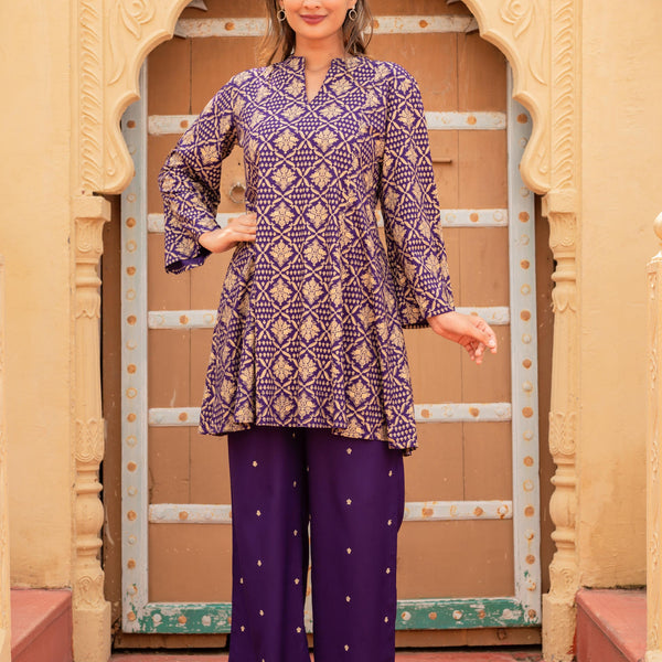 Juniper Purple Gold Geometric Printed Kurta With Pants
