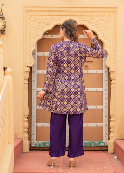 Juniper Purple Gold Geometric Printed Kurta With Pants - Distacart
