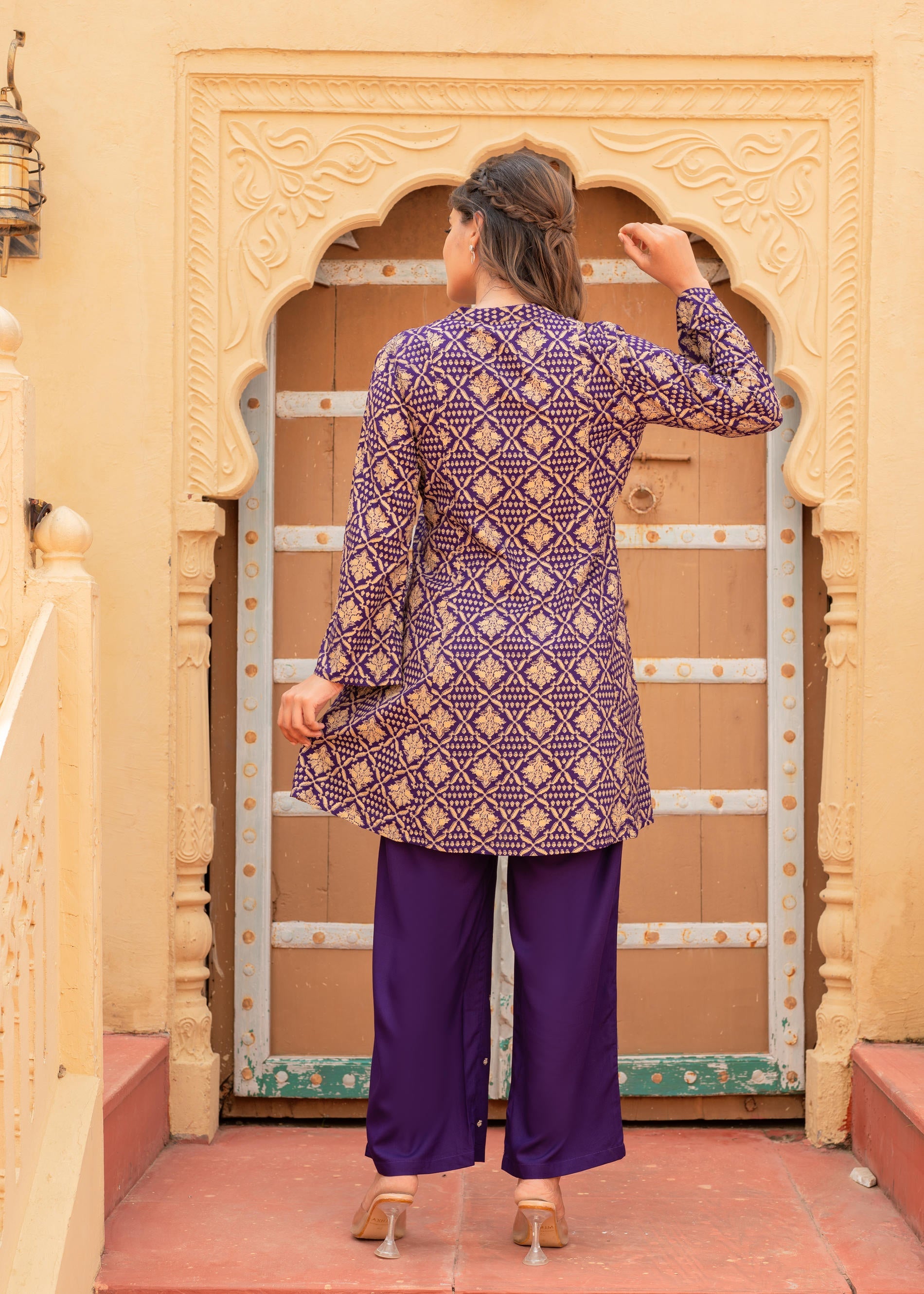 Juniper Purple Gold Geometric Printed Kurta With Pants