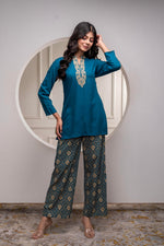 Thumbnail for Juniper Viscose Teal Embroidered Kurta Pant Set With Zari & Mirror Work