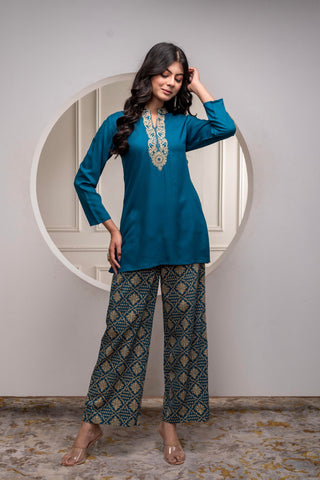 Juniper Viscose Teal Embroidered Kurta Pant Set With Zari & Mirror Work