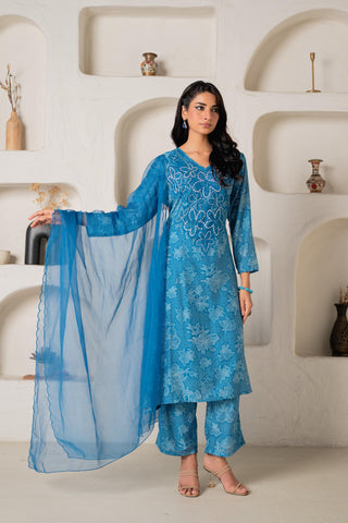 Juniper Blue Floral Embellished A-Line Kurta Pant And Dupatta Set With Beads & Sequence Work