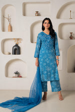 Thumbnail for Juniper Blue Floral Embellished A-Line Kurta Pant And Dupatta Set With Beads & Sequence Work