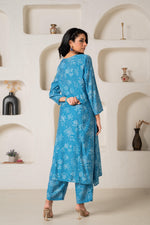Thumbnail for Juniper Blue Floral Embellished A-Line Kurta Pant And Dupatta Set With Beads & Sequence Work