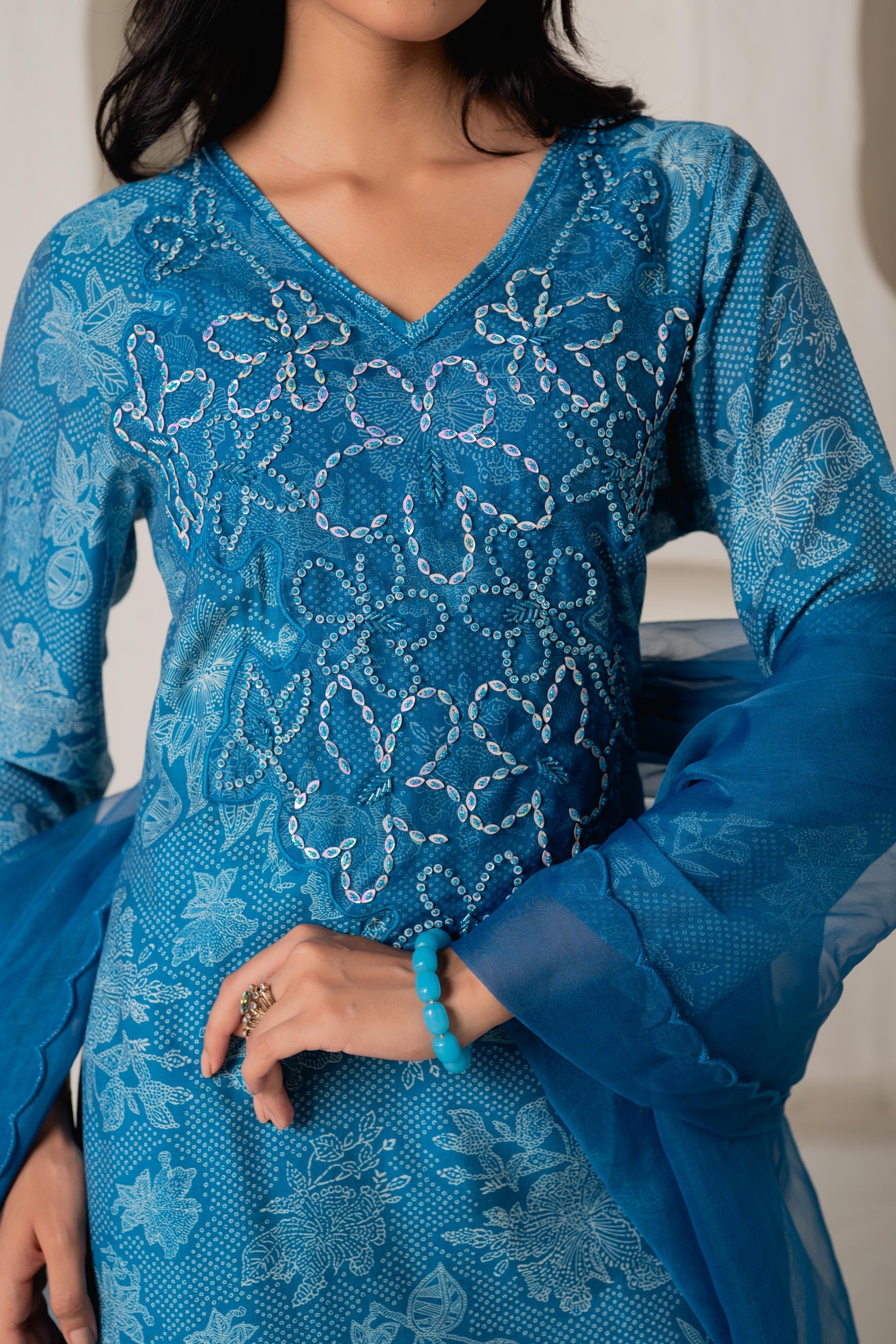 Juniper Blue Floral Embellished A-Line Kurta Pant And Dupatta Set With Beads & Sequence Work