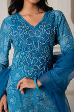 Thumbnail for Juniper Blue Floral Embellished A-Line Kurta Pant And Dupatta Set With Beads & Sequence Work