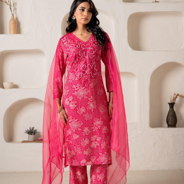 Juniper Fuchsia Floral Embellished A-Line Kurta Pant And Dupatta Set With Beads & Sequence Work