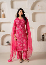 Thumbnail for Juniper Fuchsia Floral Embellished A-Line Kurta Pant And Dupatta Set With Beads & Sequence Work