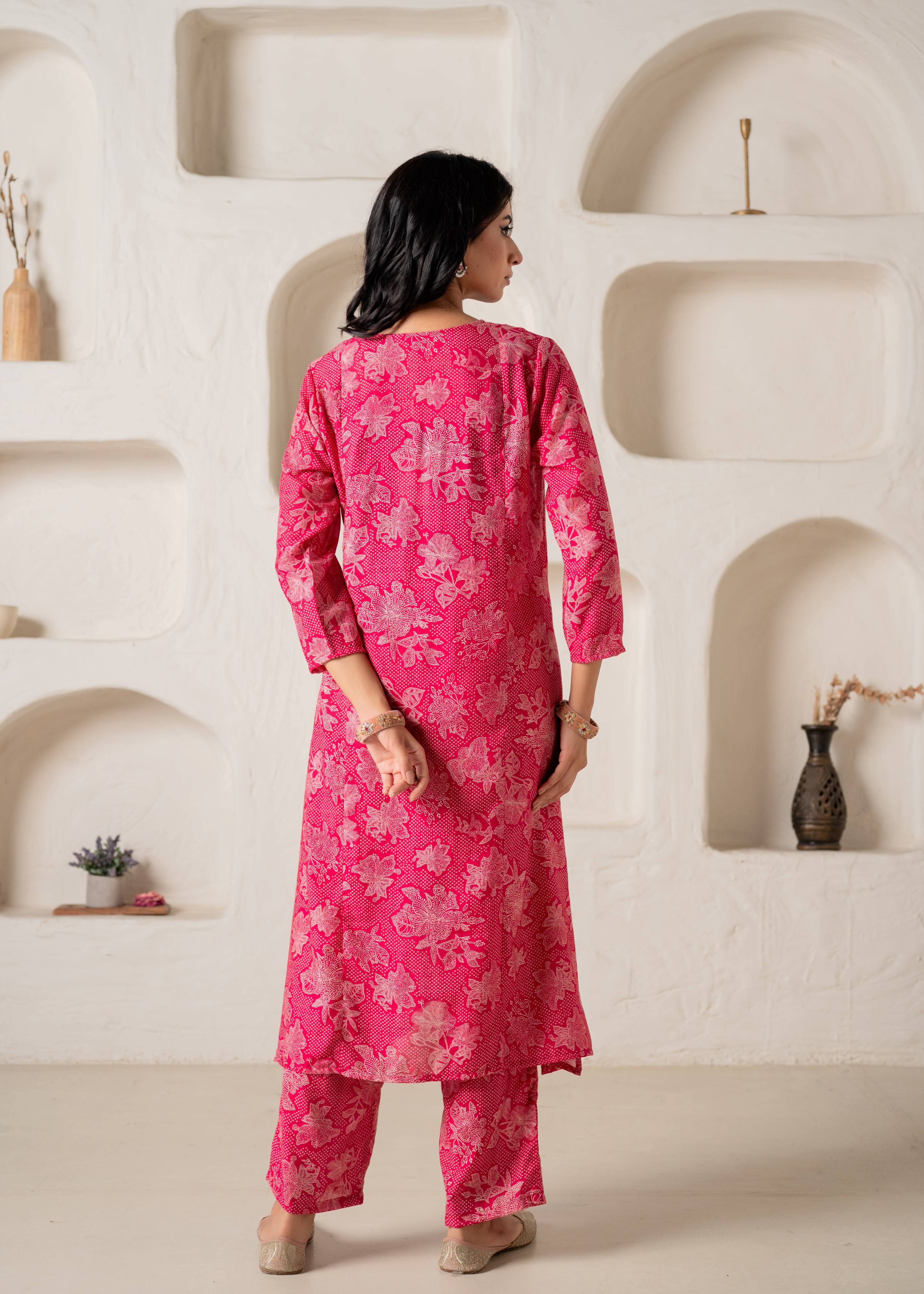Juniper Fuchsia Floral Embellished A-Line Kurta Pant And Dupatta Set With Beads & Sequence Work